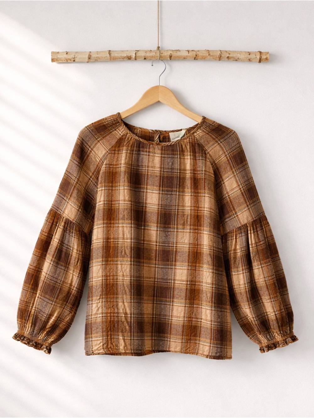 Universal Thread Brown Plaid Puff Sleeve Peasant Blouse Size Medium Neautral